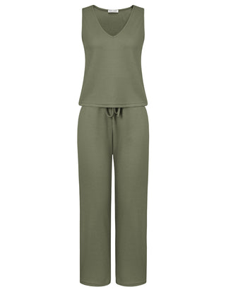 Women Comfy Outfits Sleeveless V-Neck Tank Top+Elastic Drawstring Waist Pants