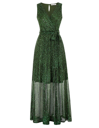 Women Ankle Length Party Dress Sleeveless Surplice V-Neck Flared A-Line Dress