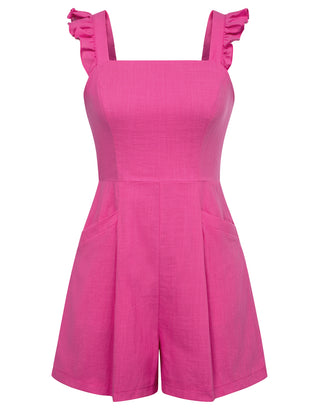 Women Cotton Romper Casual Square Neck Wide Leg Mid-Thigh Length Playsuit