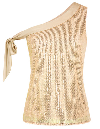 Glitter One Shoulder Sleeveless Tie Bow Knot Sexy Party Shirt Tops