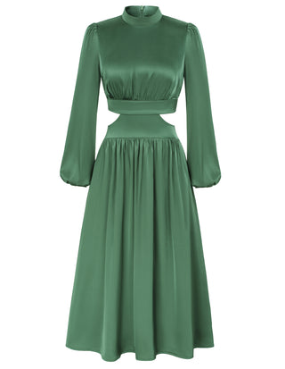 Women Cut-out Waist Dress Long Sleeve Half High-Neck Elastic Waist Dress