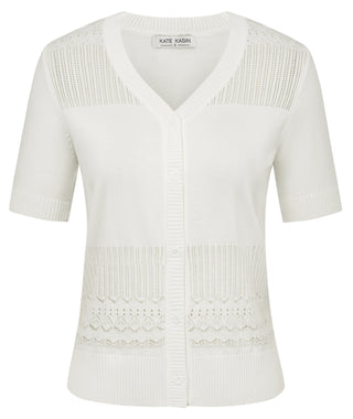 Women Hollowed-out Cardigan Short Sleeve V-Neck Button-up Sweater Knitwear