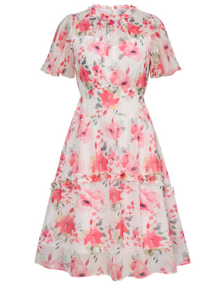 Women Elastic Waist Dress Short Sleeve Crew Neck Agaric Lace Decorated Dress