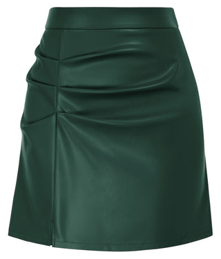 Women's Leather Skirts Front Slit Ruched Bodycon Mini Skirt High Waist PU Leather Skorts