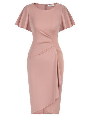 Women Wrap Hem Bodycon Dress OL Short Sleeve Crew Neck Knee Length Dress