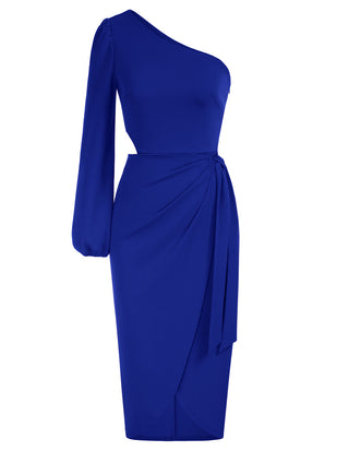 Women's 2023 One Shoulder Long Sleeve Cocktail Dress Split Ruched Bodycon Wedding Party Dresses