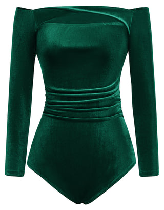 Women Cut-out Front Velvet Bodysuit Long Sleeve Off Shoulder Party Costume