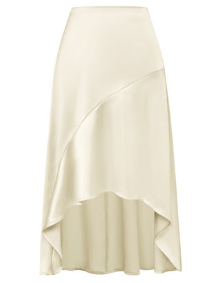 Women High-Low Satin Skirt Elastic High Waist A-Line Midi Skirt