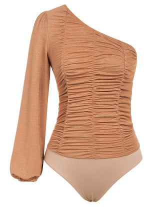Women Sexy One Shoulder Bodysuit Long Sleeve Ruched Knit Leotard Tops