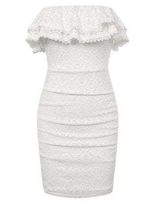 Women Ruched Party Dress Strapless Mid-Thigh Length Lace Bodycon Dress