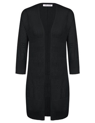 Women Hollowed-out Cardigan 3/4 Sleeve Open Front Mid-Thigh Length Sweater