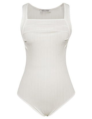 Women Pleated Bodycon Suit Sleeveless Square Neck Snap-Button Crotch Teddy