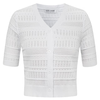 Women Cropped Cardigan Short Sleeve V-Neck Hollowed-out Sweater Knitwear