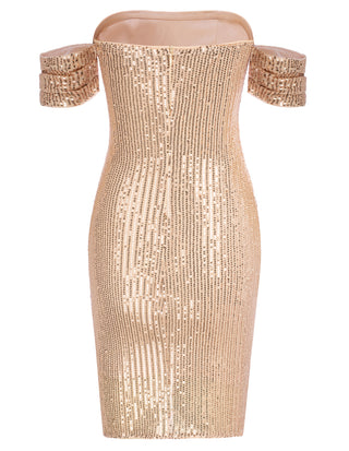 Women's Glitter Sequin V Neck Ruched Off Shoulder Stretchy Bodycon Mini Party Dress