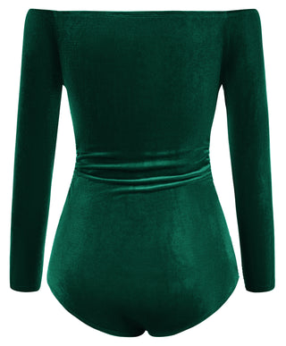 Women Cut-out Front Velvet Bodysuit Long Sleeve Off Shoulder Party Costume