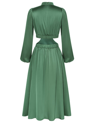 Women Cut-out Waist Dress Long Sleeve Half High-Neck Elastic Waist Dress