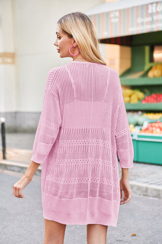 Women Hollowed-out Cardigan 3/4 Sleeve Open Front Mid-Thigh Length Sweater