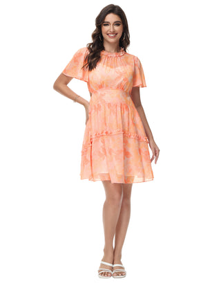 Women Elastic Waist Dress Short Sleeve Crew Neck Agaric Lace Decorated Dress