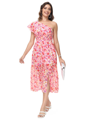 KK Women Elastic Waist Dress Short Sleeve Front Slit Tired A-Line Dress