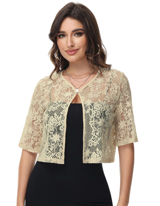 KK Women Lace Shrug 1/2 Sleeve V-Neck Eye-Hook Front Cropped Tops