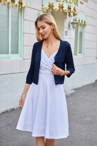 Women Hollowed-out Textured Cardigan 3/4 Sleeve V-Neck Button-up Sweater