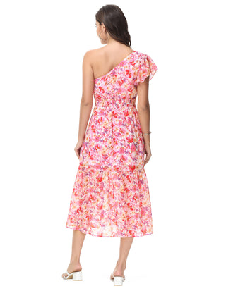 KK Women Elastic Waist Dress Short Sleeve Front Slit Tired A-Line Dress