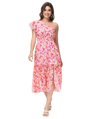 KK Women Elastic Waist Dress Short Sleeve Front Slit Tired A-Line Dress