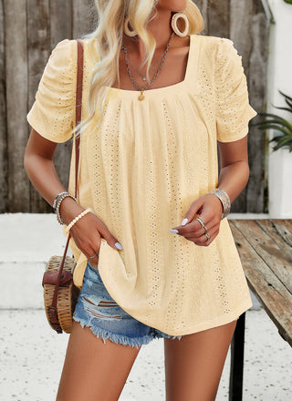 Women Hollowed-out Tops Casual Short Sleeve Square Neck Pullover Tops