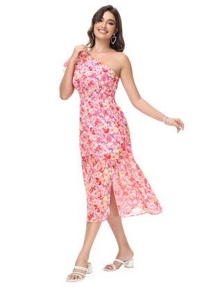 KK Women Elastic Waist Dress Short Sleeve Front Slit Tired A-Line Dress