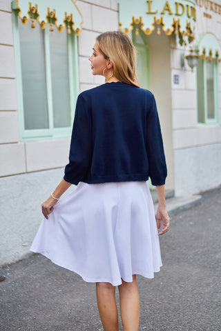 Women Hollowed-out Textured Cardigan 3/4 Sleeve V-Neck Button-up Sweater