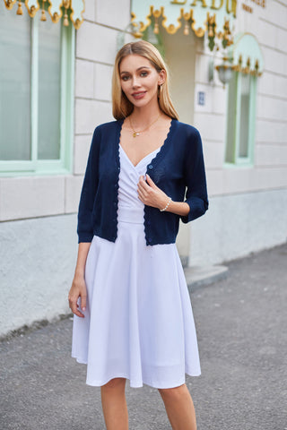 Women Hollowed-out Textured Cardigan 3/4 Sleeve V-Neck Button-up Sweater