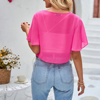 Kate Kasin Women Shrug Sheer Ruffle Short Sleeve Cropped Chiffon Bolero