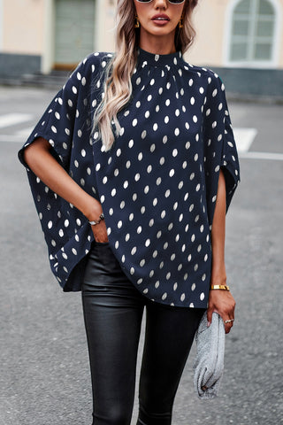 Women’s Batwing Sleeve Blouse Tops Mock Neck Polka Dot Blouses Casual Tie Back Drape Shirts