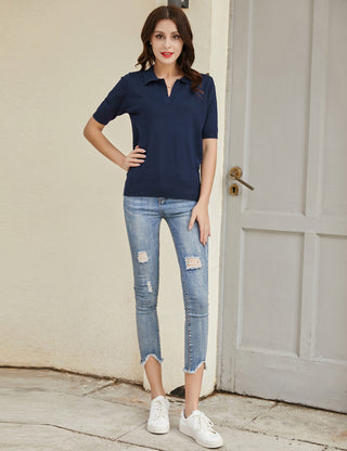 Lapel Collar Sweater Loose Fit Short Sleeve Ribbed Hem Knitted Tops