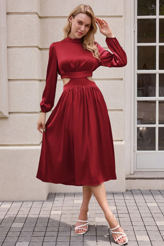 Women Cut-out Waist Dress Long Sleeve Half High-Neck Elastic Waist Dress