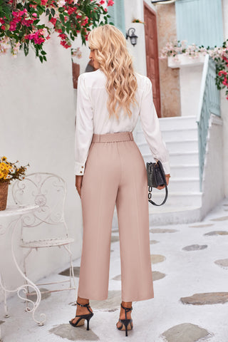 Straight Leg Pants High Waist Belt Decorated Trousers