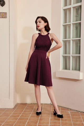 Lace Overlay Dress Cut-out Shoulder Crew Neck Defined Waist Dress