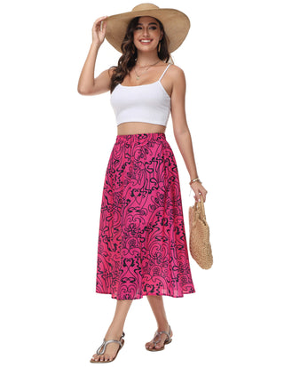 KK Women Front Slit Swing Skirt Elastic High Waist Below Mid-Calf A-Line Skirt