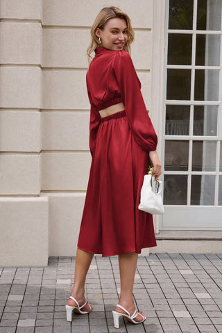 Women Cut-out Waist Dress Long Sleeve Half High-Neck Elastic Waist Dress