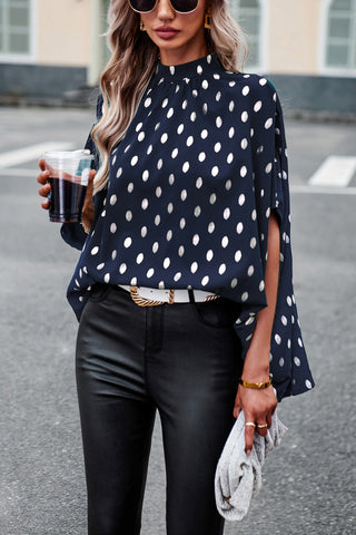 Women’s Batwing Sleeve Blouse Tops Mock Neck Polka Dot Blouses Casual Tie Back Drape Shirts