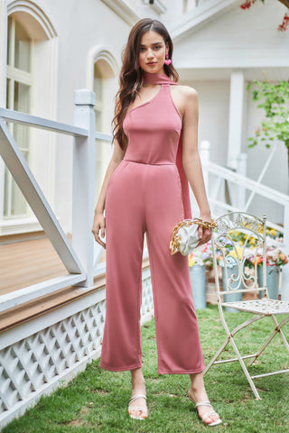 Women Straight Leg Jumpsuit Sash Decorated One Shoulder Ankle Length Romper