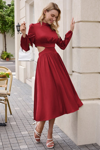 Women Cut-out Waist Dress Long Sleeve Half High-Neck Elastic Waist Dress