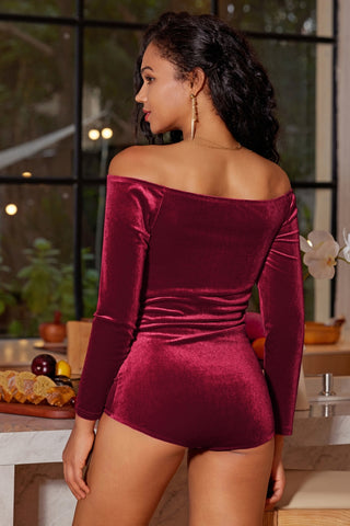 Women Cut-out Front Velvet Bodysuit Long Sleeve Off Shoulder Party Costume