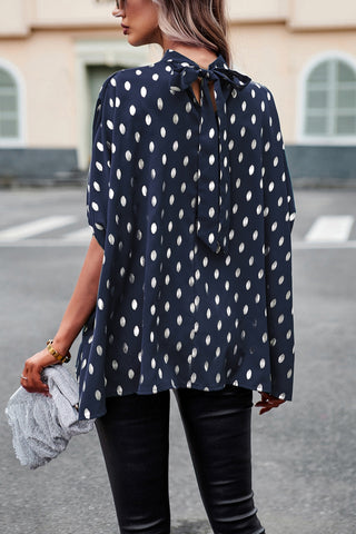 Women’s Batwing Sleeve Blouse Tops Mock Neck Polka Dot Blouses Casual Tie Back Drape Shirts