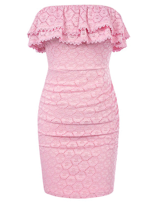 Women Ruched Party Dress Strapless Mid-Thigh Length Lace Bodycon Dress