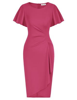 Women Wrap Hem Bodycon Dress OL Short Sleeve Crew Neck Knee Length Dress