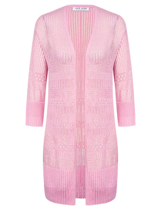 Women Hollowed-out Cardigan 3/4 Sleeve Open Front Mid-Thigh Length Sweater