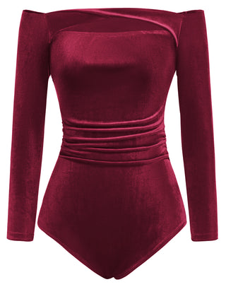 Women Cut-out Front Velvet Bodysuit Long Sleeve Off Shoulder Party Costume