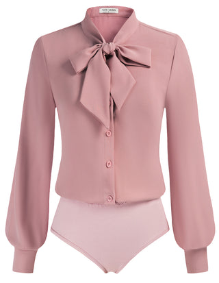 Bow-Knot Decorated Bodysuit Long Sleeve Elastic Waist Shirt