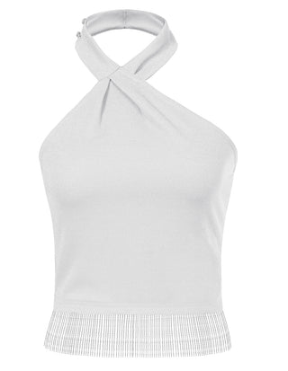 Women Tassel Hem Party Tops Slim Fit Backless Asymmetric Halterneck Tops